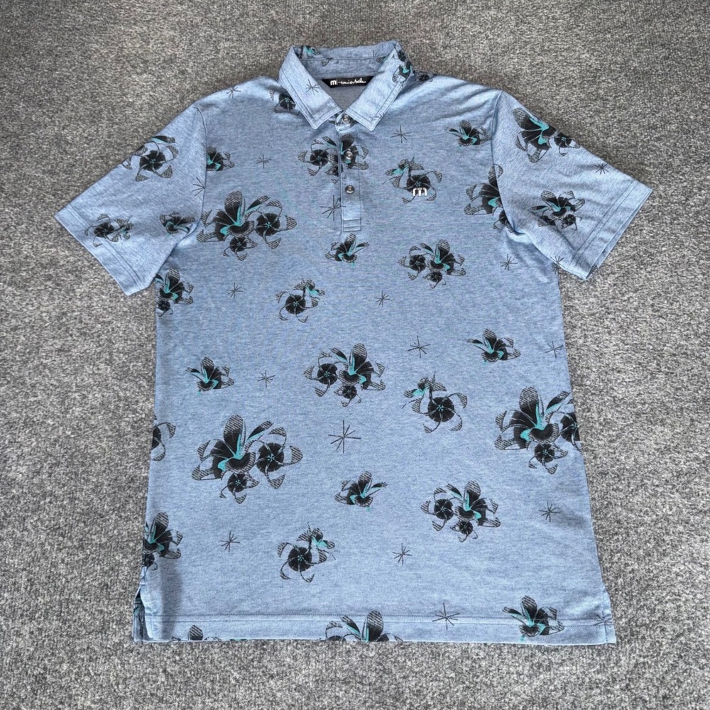 Travis Mathew Polo Shirt‎ Mens Medium Blue Floral Golf Stretch Casual Athletic